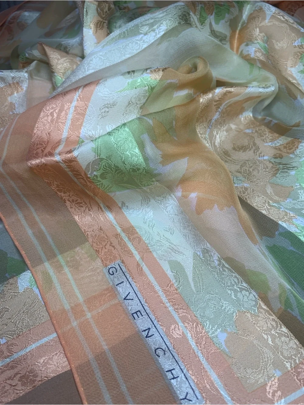 Givenchy Peach Green Floral Silk Scarf